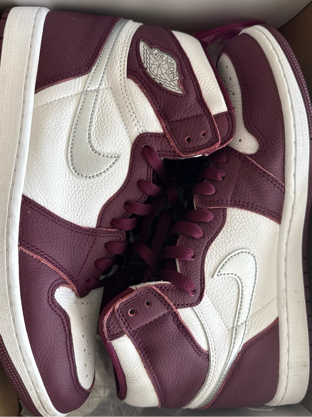 Jordan Women’s High-Top Sneakers in Burgundy and White